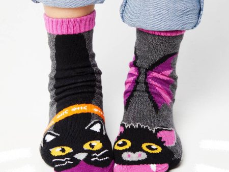 Bat & Black Cat Fun Non-Slip Socks for Kids: KIDS LARGE Hot on Sale