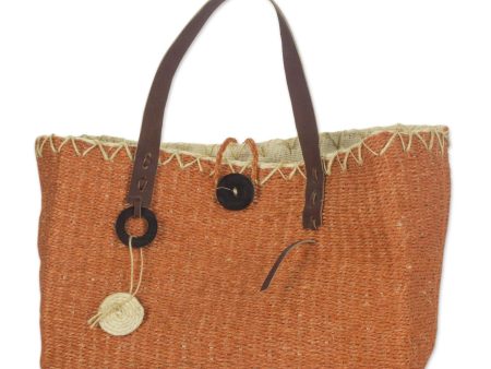 Milagros Chumuyche  Hand Woven Orange Agave Hand Bag with Leather Handles For Sale