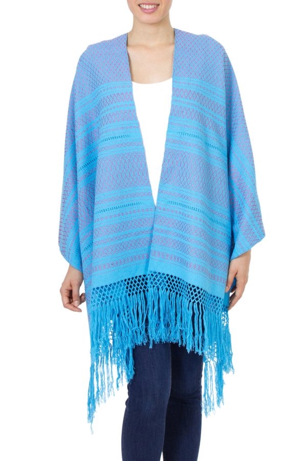 Sky Fiesta  Handwoven Blue Cotton Zapotec Rebozo Shawl with Pink Motifs Supply