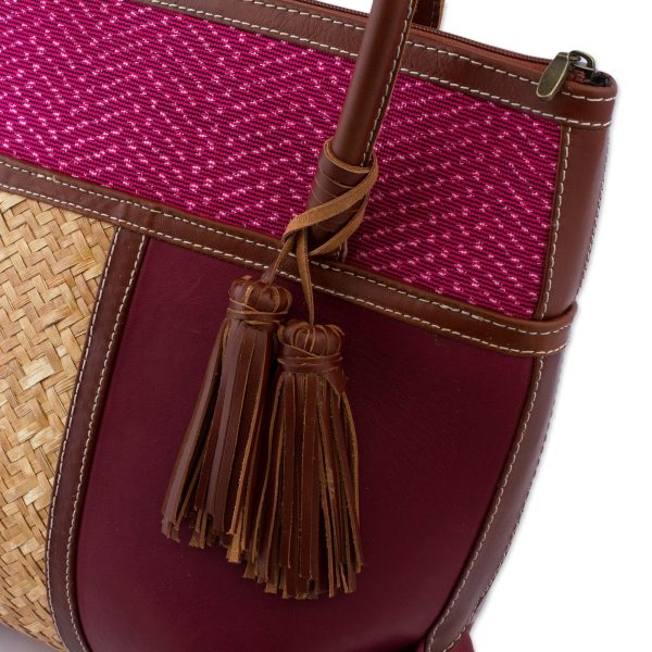 Maroon Intersection  Handcrafted Leather and Palm Shoulder Bag For Discount