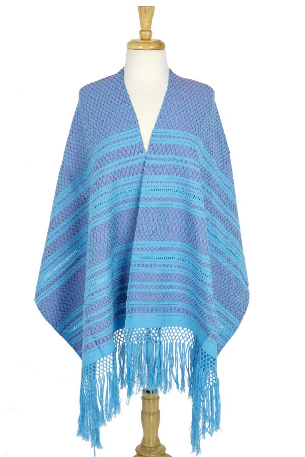 Sky Fiesta  Handwoven Blue Cotton Zapotec Rebozo Shawl with Pink Motifs Supply