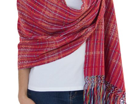 Crimson Journeys  100% Cotton Shawl Crimson Stripes from Mexico Online now