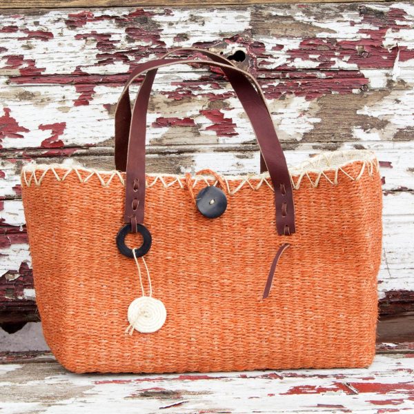 Milagros Chumuyche  Hand Woven Orange Agave Hand Bag with Leather Handles For Sale