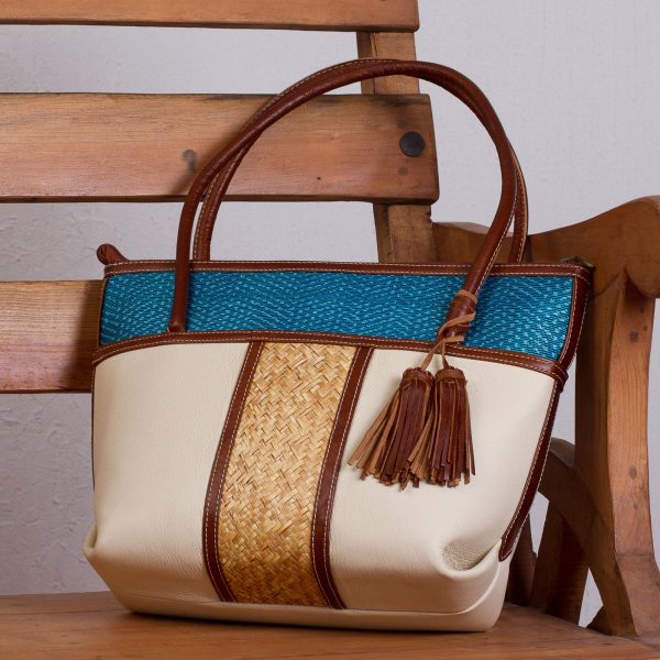 Pale Beige Intersection  Handcrafted Leather and Palm Shoulder Bag Fashion