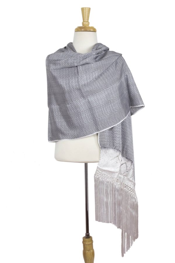 Myth of Starlight  Hand Woven White-Grey Mexican Rebozo Shawl Cheap