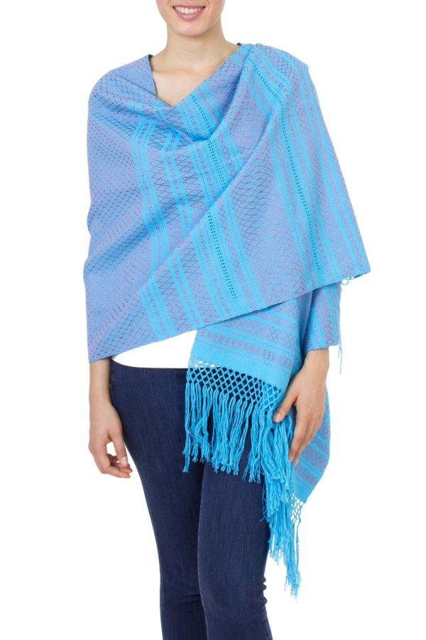 Sky Fiesta  Handwoven Blue Cotton Zapotec Rebozo Shawl with Pink Motifs Supply