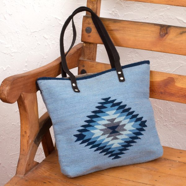 Mexican Sky  Blue Wool and Leather Accent Tote Handbag Online