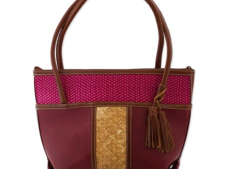 Maroon Intersection  Handcrafted Leather and Palm Shoulder Bag For Discount