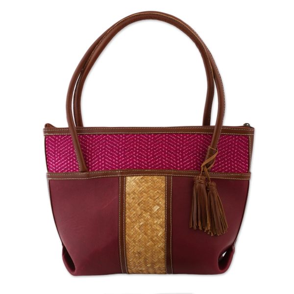 Maroon Intersection  Handcrafted Leather and Palm Shoulder Bag For Discount