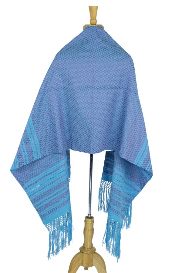 Sky Fiesta  Handwoven Blue Cotton Zapotec Rebozo Shawl with Pink Motifs Supply