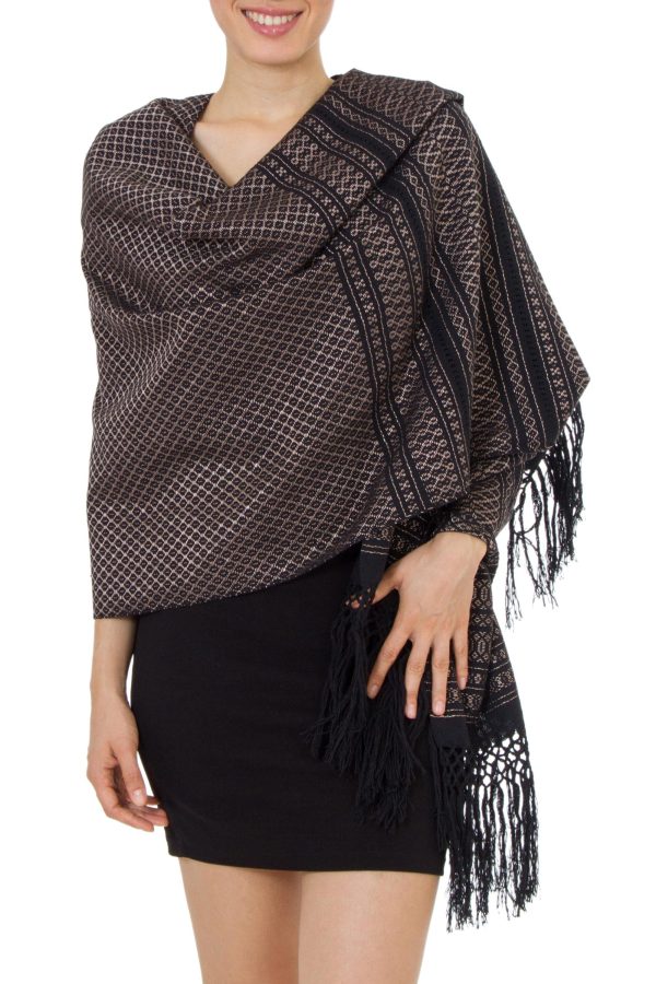 Night of Golden Stars  Handwoven Black Cotton Rebozo Shawl with Golden Accents For Sale