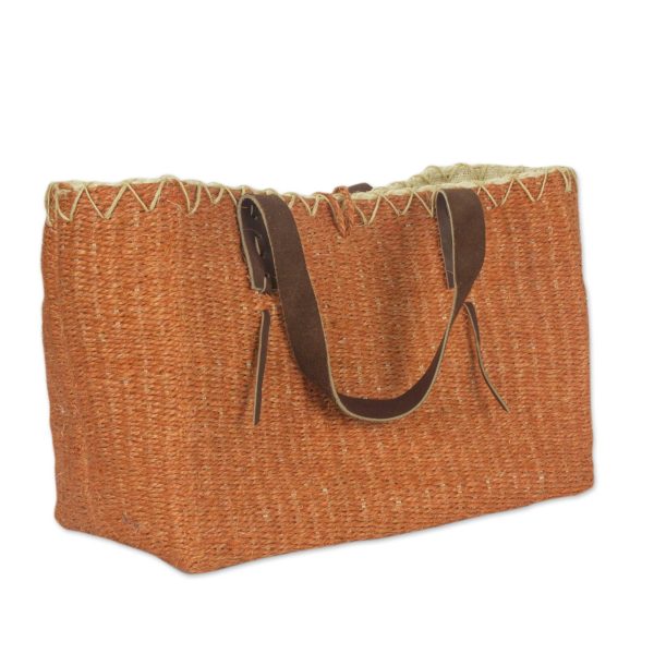 Milagros Chumuyche  Hand Woven Orange Agave Hand Bag with Leather Handles For Sale